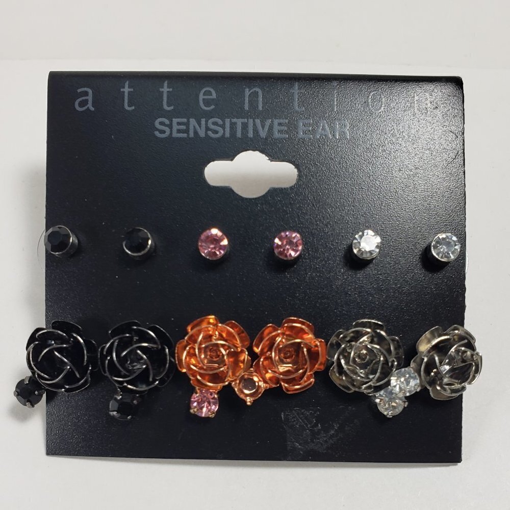 Set of 6 Polished Silver tone Multi color  Stud Earrings